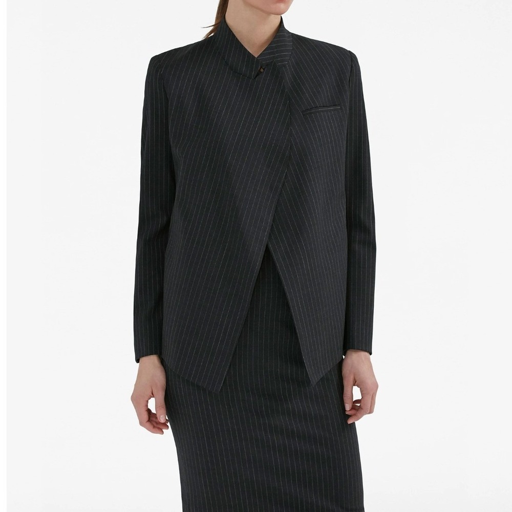 MM.LaFleur Pinstripe Skirt Suit Set 8 Charcoal Grey Wool Career Workwear Office - Picture 2 of 14